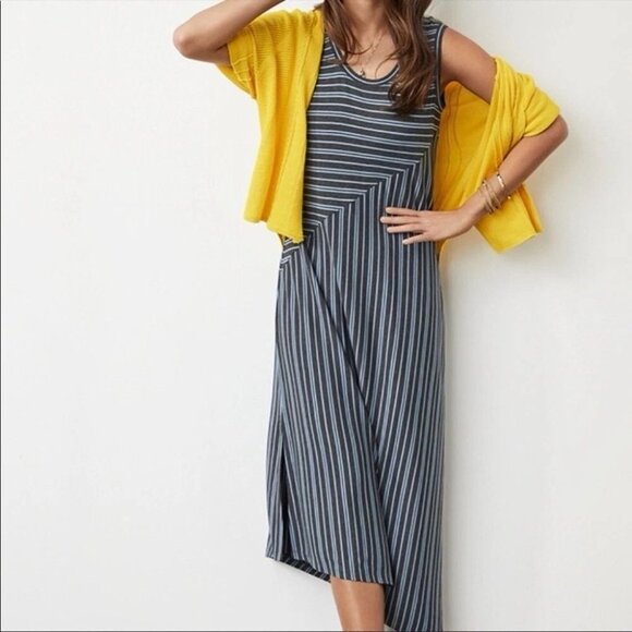 Cabi Dia Women Asymmetrical Midi Dress Blue Gray Striped Sleeveless XS - Picture 1 of 6